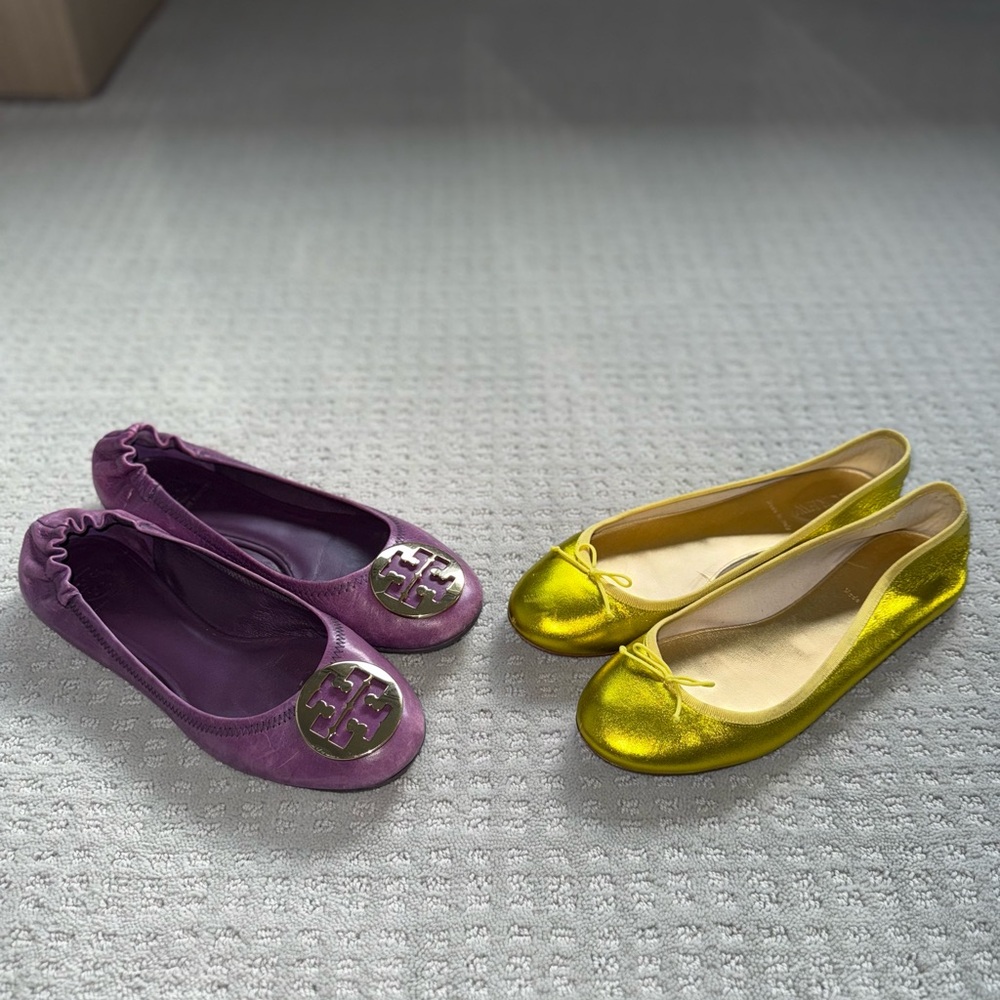 Tory Burch Miller Purple Flats & JCrew vibrant yellow flats - Picture 2 of 16